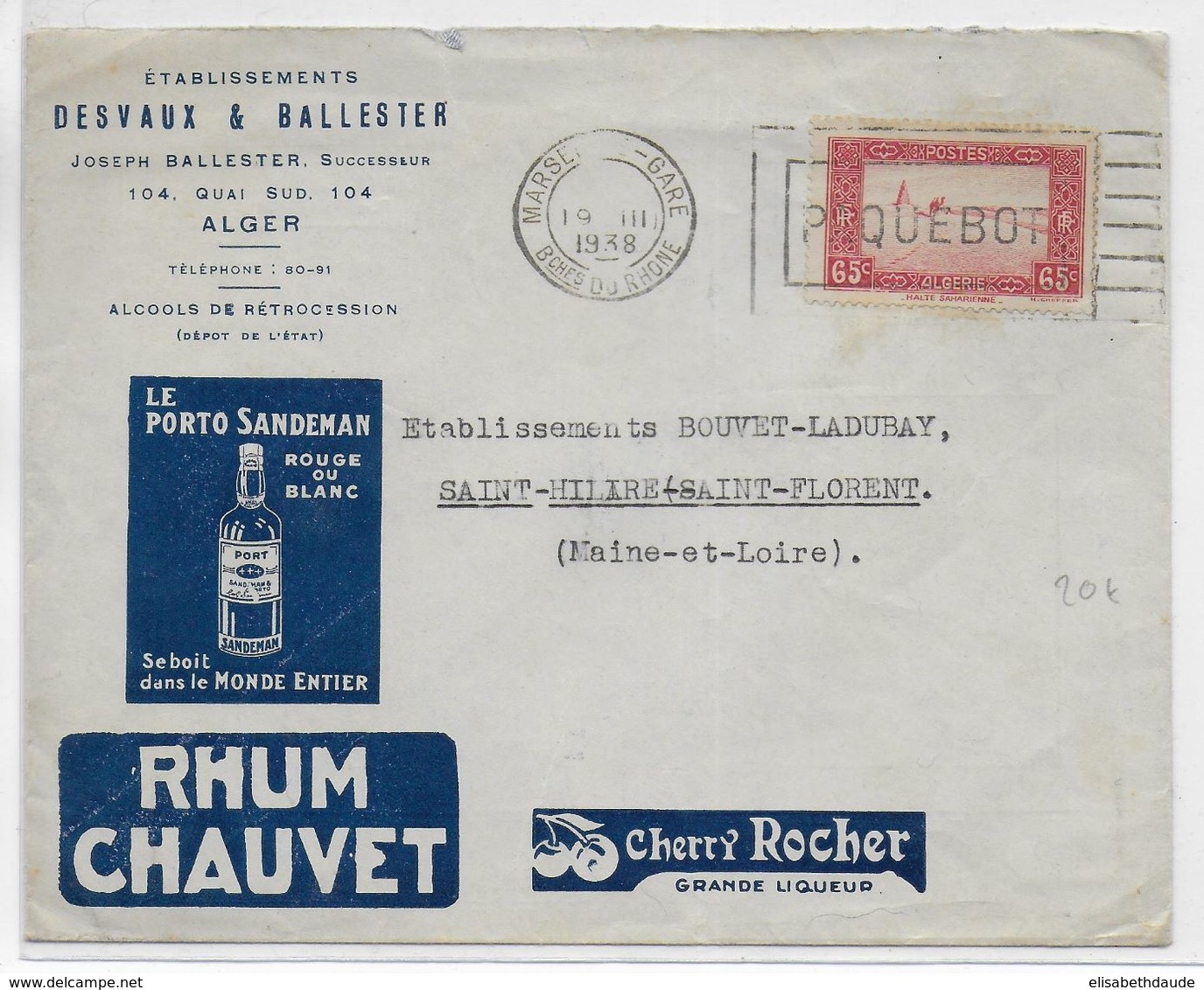 1938 - ENVELOPPE PUB DECOREE "ALCOOL" (VOIR AUSSI DOS !) De ALGER Avec MECA MARITIME "MARSEILLE PAQUEBOT" => MAINE ET L. - Schiffspost