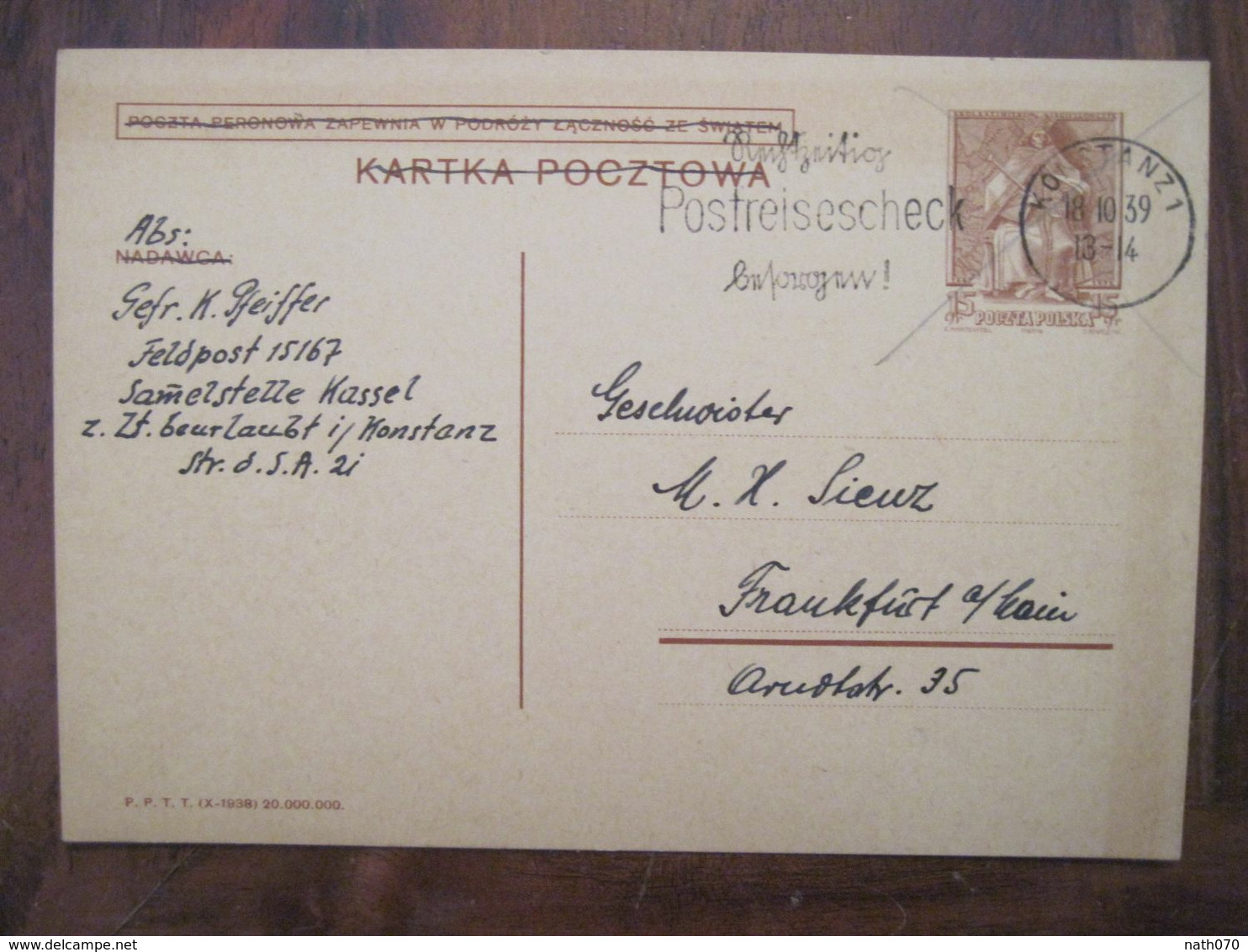 Pologne 1939 Feldpost 2 WK Reich Feldpostnummer 15167 Landesschutzen Allemagne Dt Poland Gebiete Postreisescheck - Occupation 1938-45