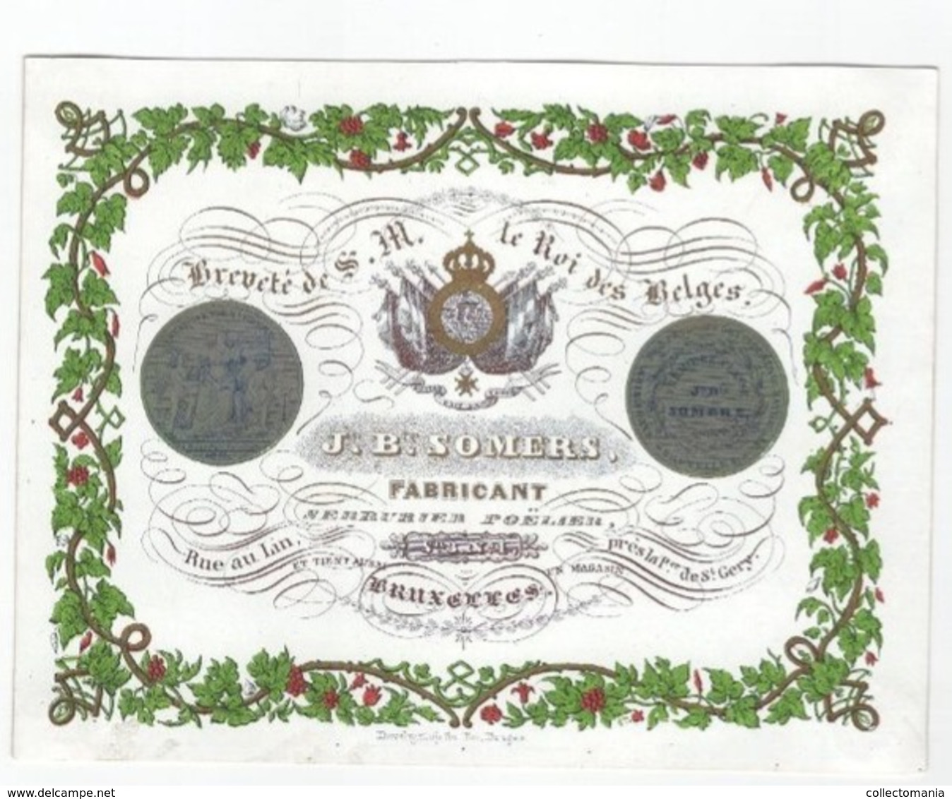 1 Carte Porcelaine Fabricant Serrurier Poëlier J.B. Somers, Rue Au Lin, Bruxelles, 1841 Lith. Daveluy Bruges, VG - Porcelaine