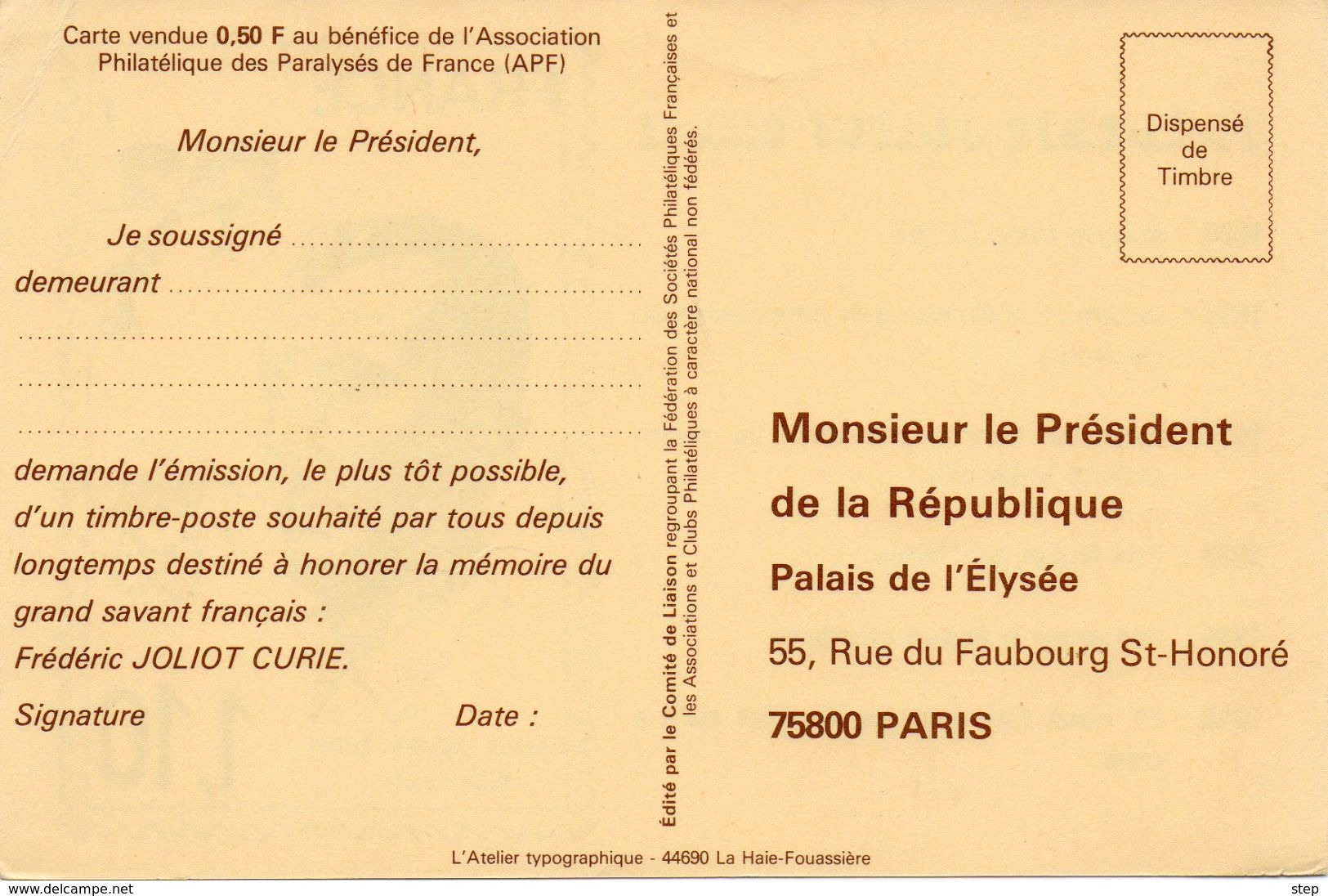 FRANCE : PSEUDO ENTIER PRIVE PETITION Pour Un Timbre "Fréderic JOLIOT CURIE" - Pseudo-entiers Privés