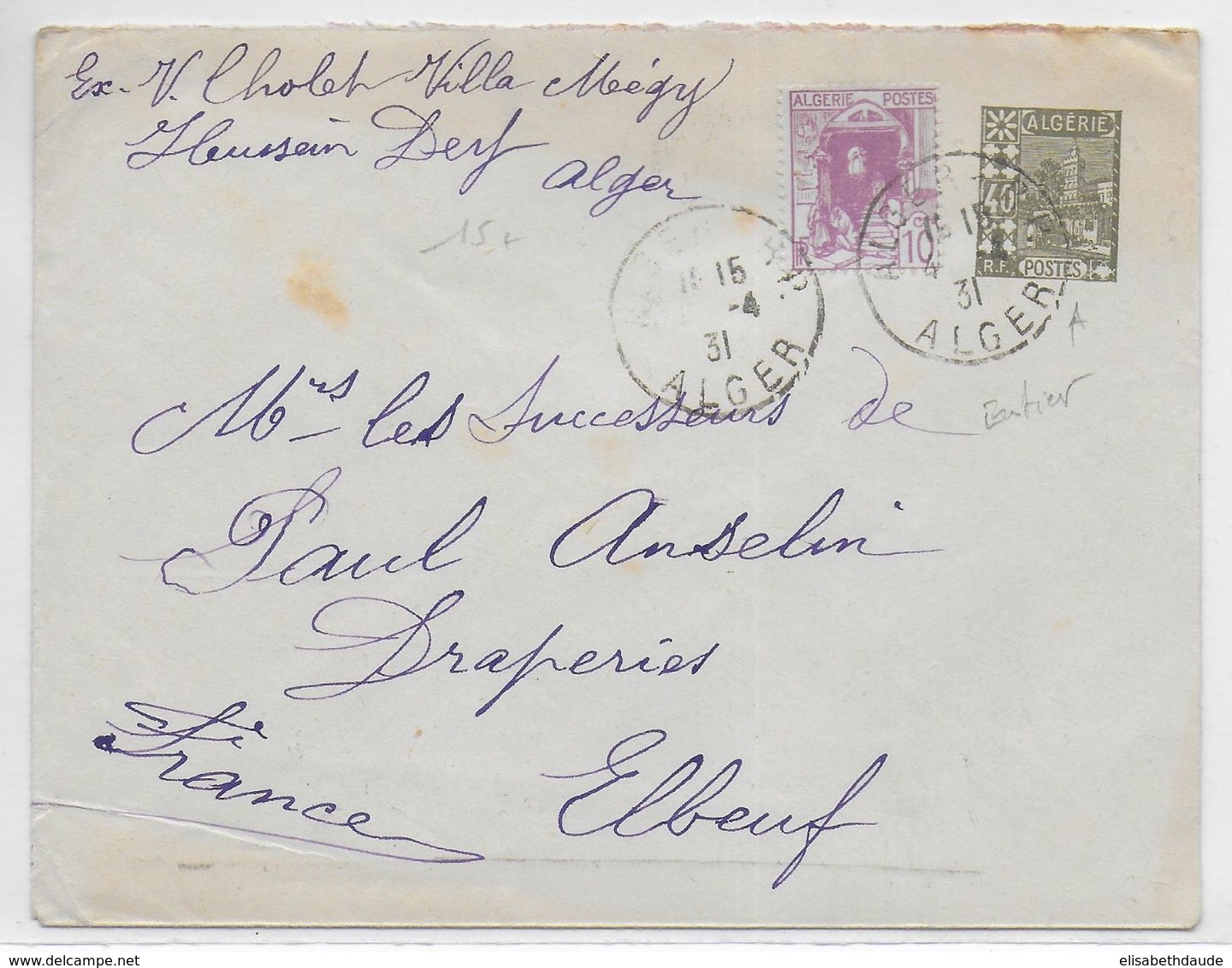 1931 - ALGERIE - ENVELOPPE ENTIER POSTAL De ALGER => ELBEUF (SEINE INFERIEURE) - Briefe U. Dokumente