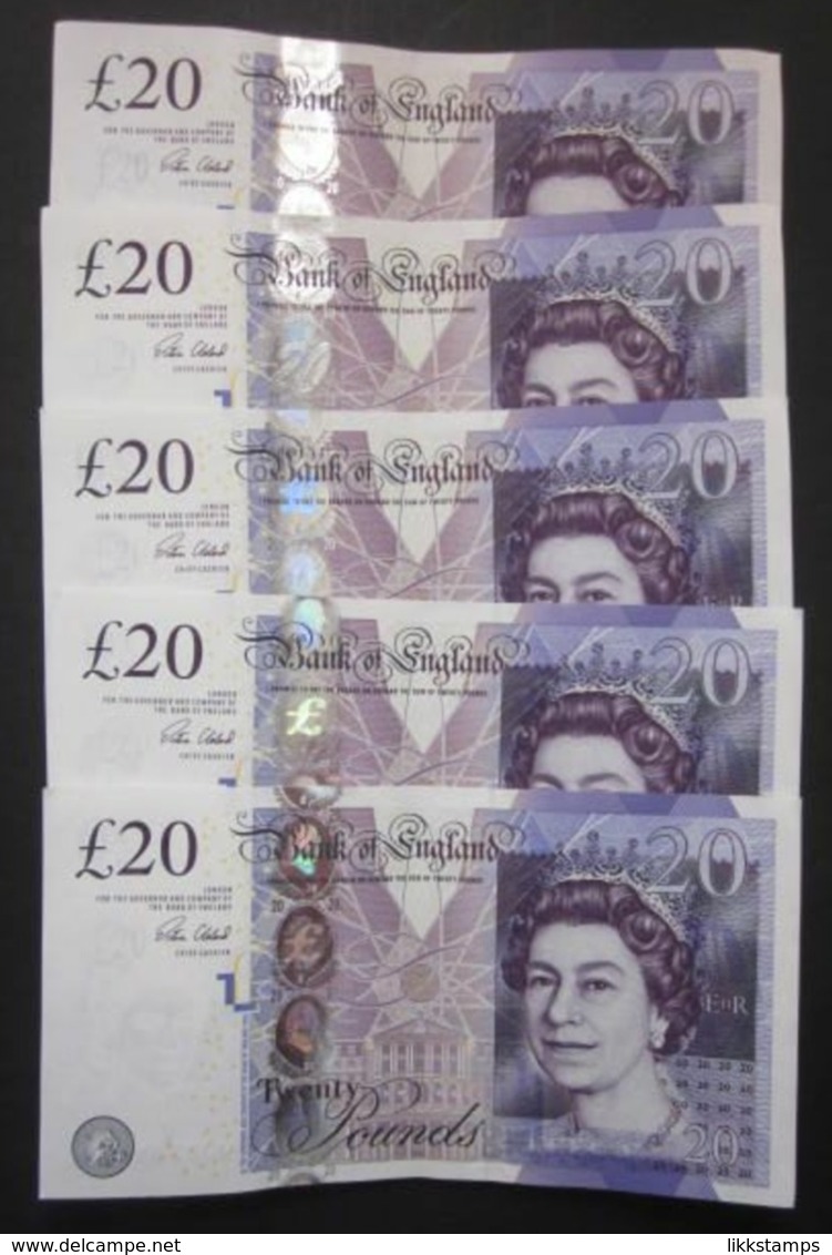 5 CONSECUTIVELY NUMBERED ADAM SMITH BANK OF ENGLAND PAPER £20.00p NOTES #BN0011 - 20 Pounds