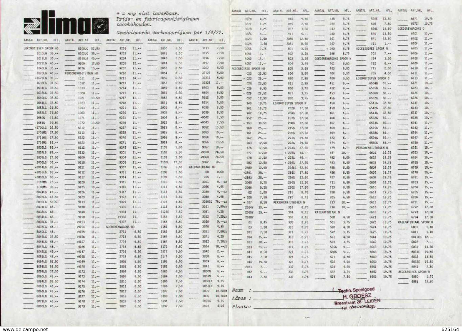 Catalogue LIMA 1977 ONLY PREISLISTE PRICE LIST NLG Nederlandse Gulden - Dutch