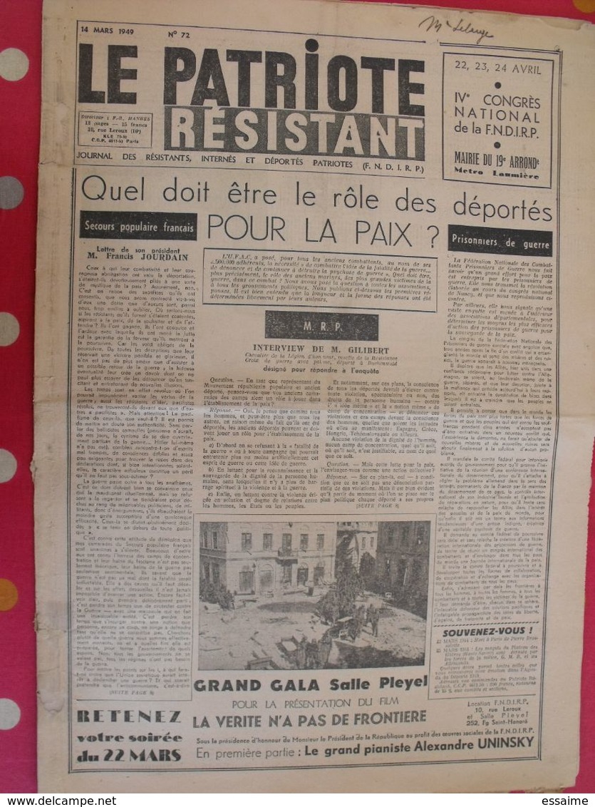 Journal Le Patriote Résistant N° 72 Du 14 Mars 1949. Résistants Internés Déportés Buchenwald Résistance - Autres & Non Classés