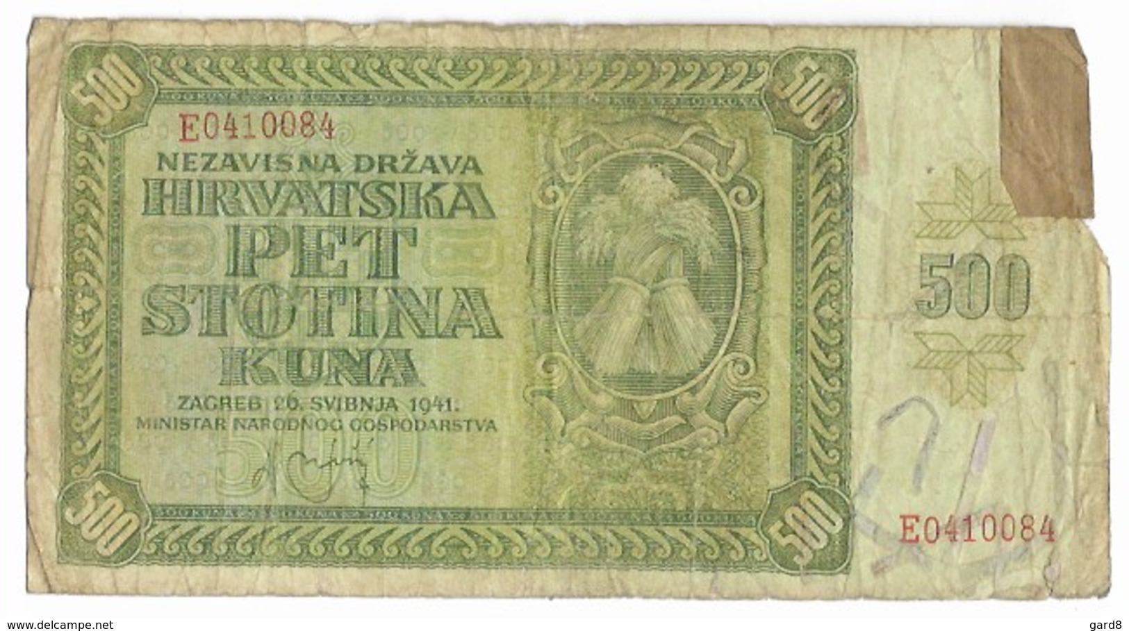 Billet De 500 Kuna   - Croatie  1941 - Kroatië