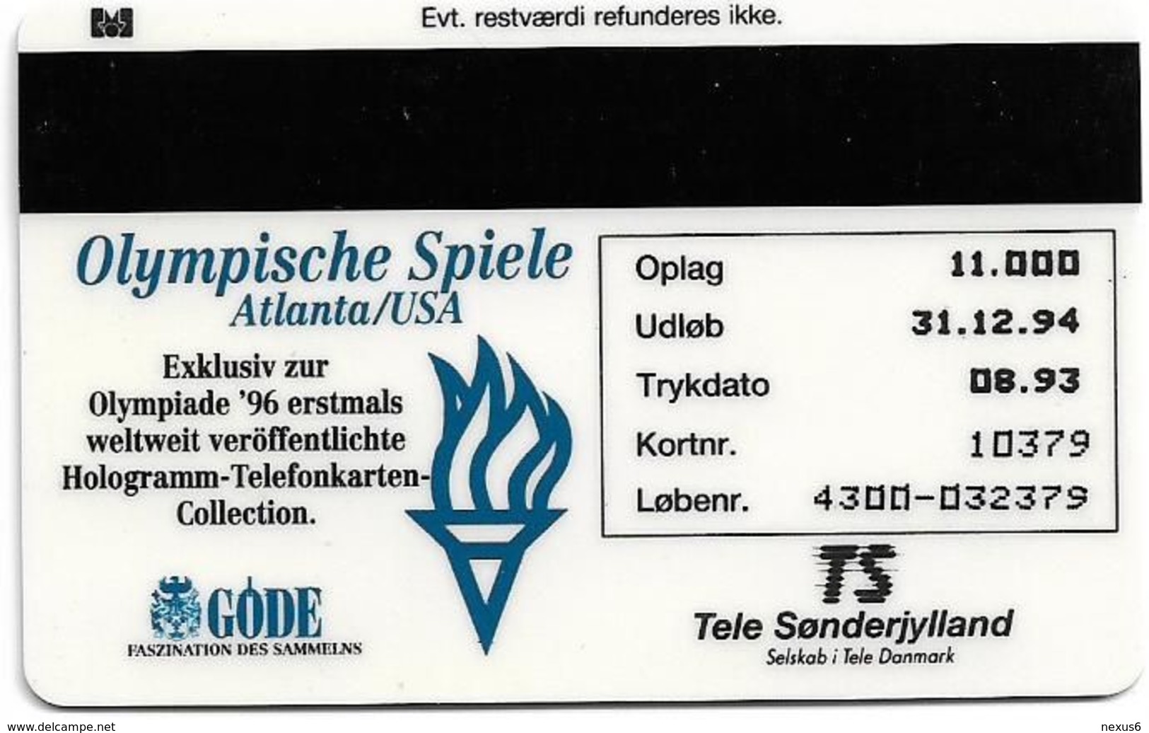 Denmark - TS - Olympic Games Hologram Cards - Cycling - TDTP005 - 08.93, 11.000ex, Used - Danemark