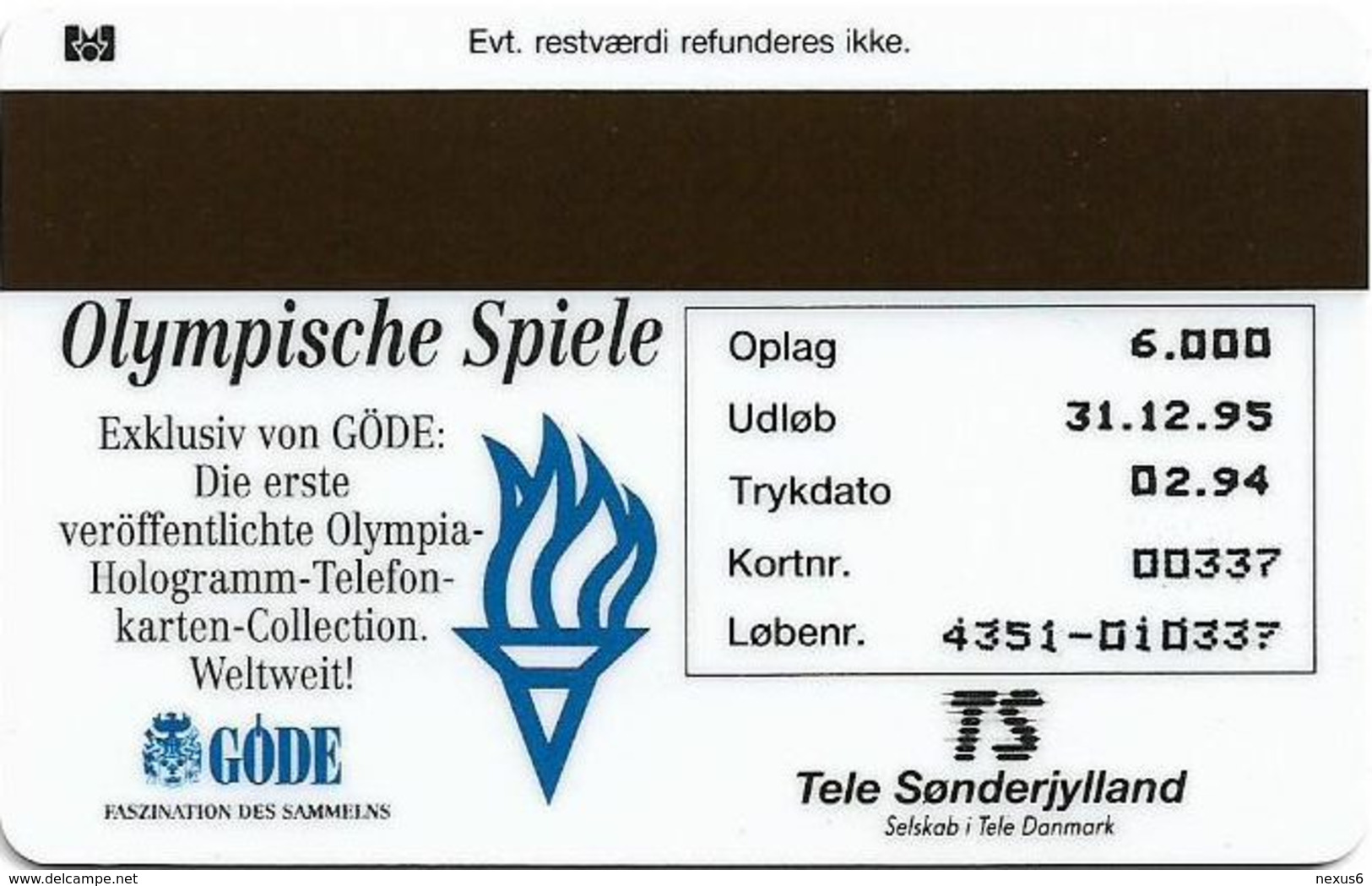 Denmark - TS - Olympic Games Hologram Cards - Downhill - TDTP030 - 02.94, 6.000ex, Used - Danemark
