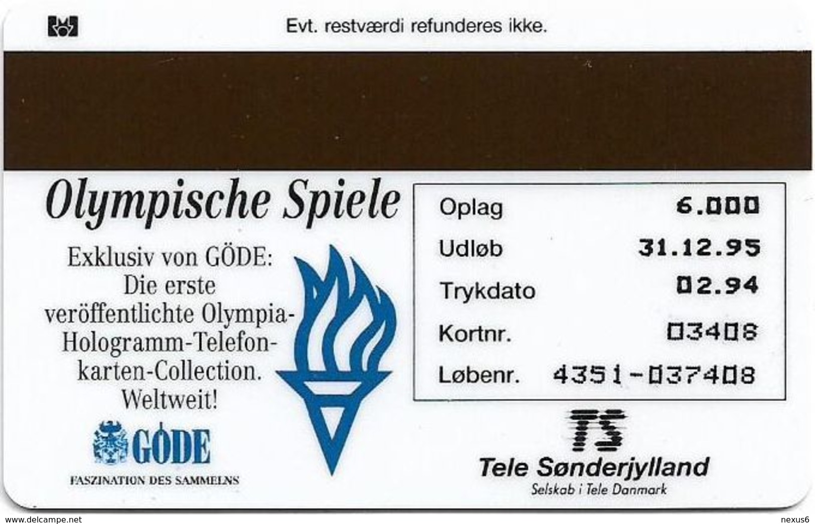 Denmark - TS - Olympic Games Hologram Cards - Gymnastics - TDTP034 - 02.94, 6.000ex, Used - Danemark