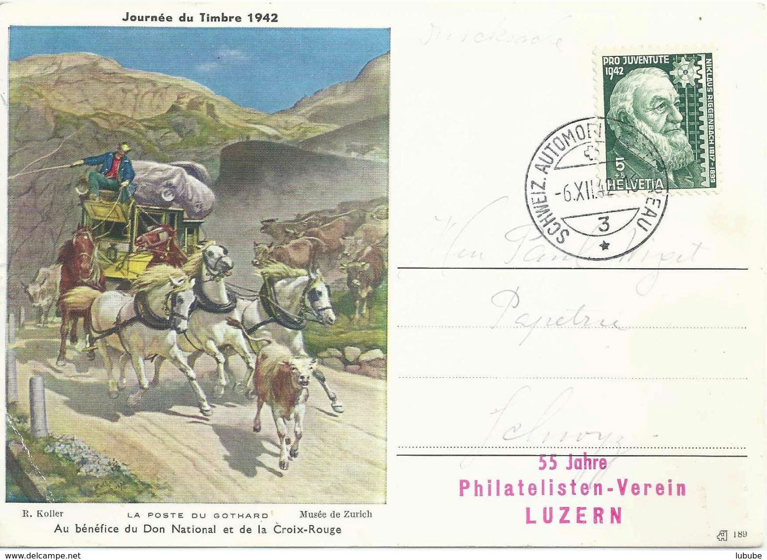 Sonderkarte  "JdT - La Poste Du Gothard"  (55 Jahre Philatelisten Verein Luzern)       1942 - Briefe U. Dokumente