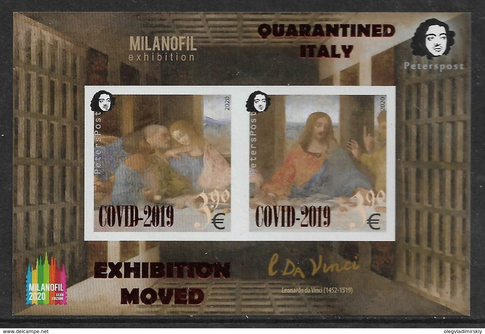 Finland. 2020 Peterspost. Quarantined Italy. COVID. Leonardo Da Vinci. Imperforated Block With Overprint - Otros & Sin Clasificación