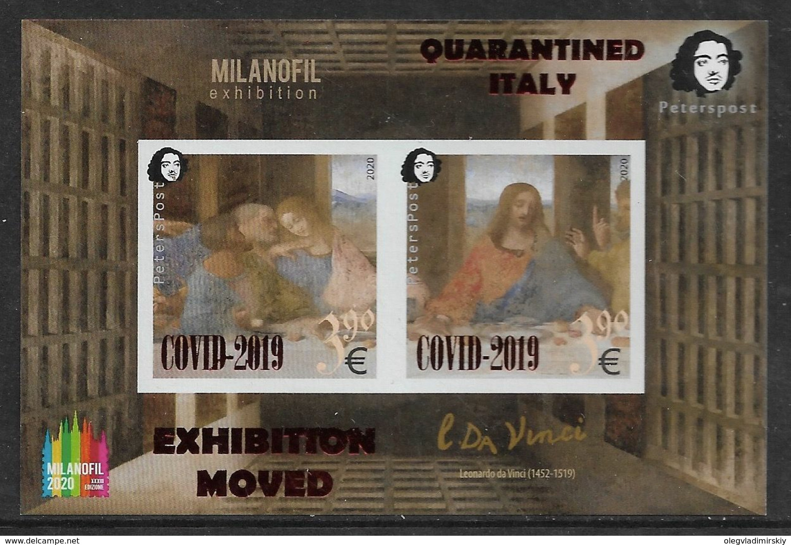 Finland. 2020 Peterspost. Quarantined Italy. COVID. Leonardo Da Vinci. Imperforated Block With Overprint - Altri & Non Classificati