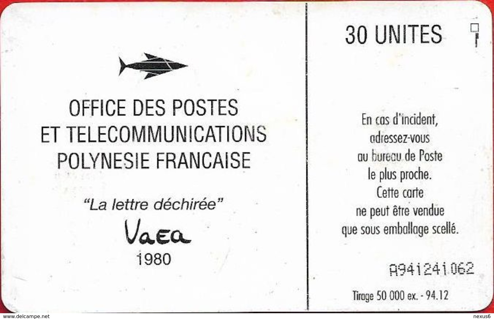 French Polynesia - OPT - La Lettre Déchirée, Vaea - Gem1A Symmetr. Black, 12.1994, 30Units, 50.000ex, Used - Polynésie Française