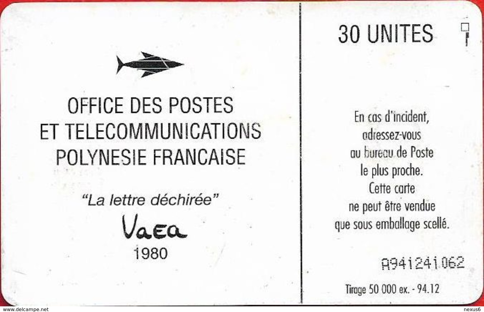 French Polynesia - OPT - La Lettre Déchirée, Vaea - Gem1A Symmetr. Black, 12.1994, 30Units, 50.000ex, Used - Französisch-Polynesien