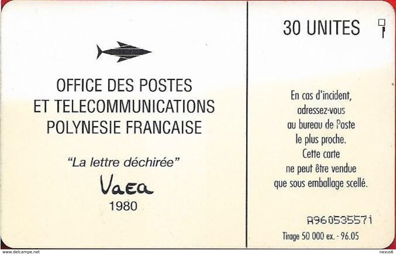 French Polynesia - OPT - La Lettre Déchirée, Vaea - Gem1A Symmetr. Black, 05.1996, 30Units, 50.000ex, Used - Polynésie Française