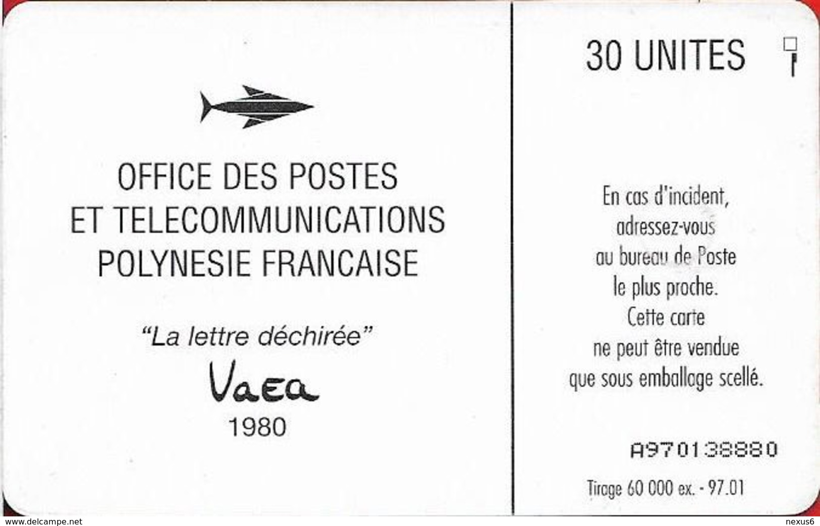 French Polynesia - OPT - La Lettre Déchirée, Vaea - Gem1A Symmetr. Black, 01.1997, 30Units, 60.000ex, Used - French Polynesia