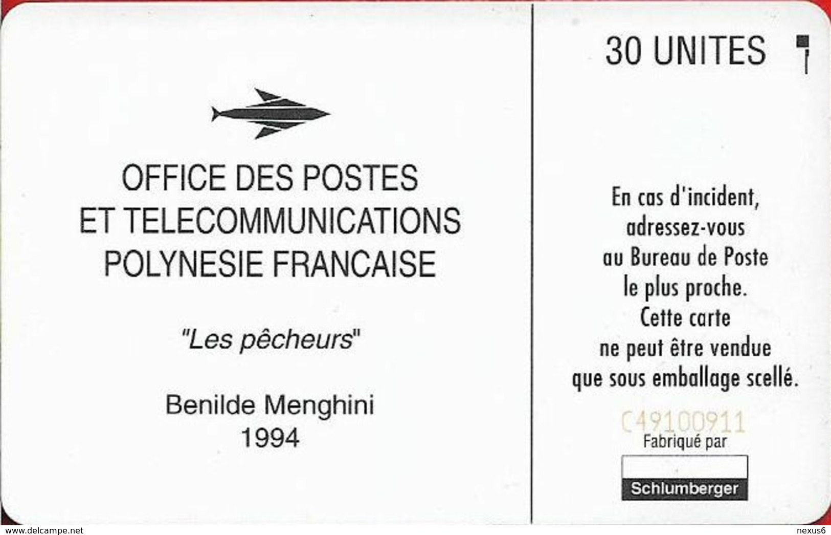 French Polynesia - OPT - Les Pêcheurs 1994 - SC5, Glossy Finish, Cn. C491xxxxx, 08.1994, 30Units, 50.000ex, Used - Polynésie Française