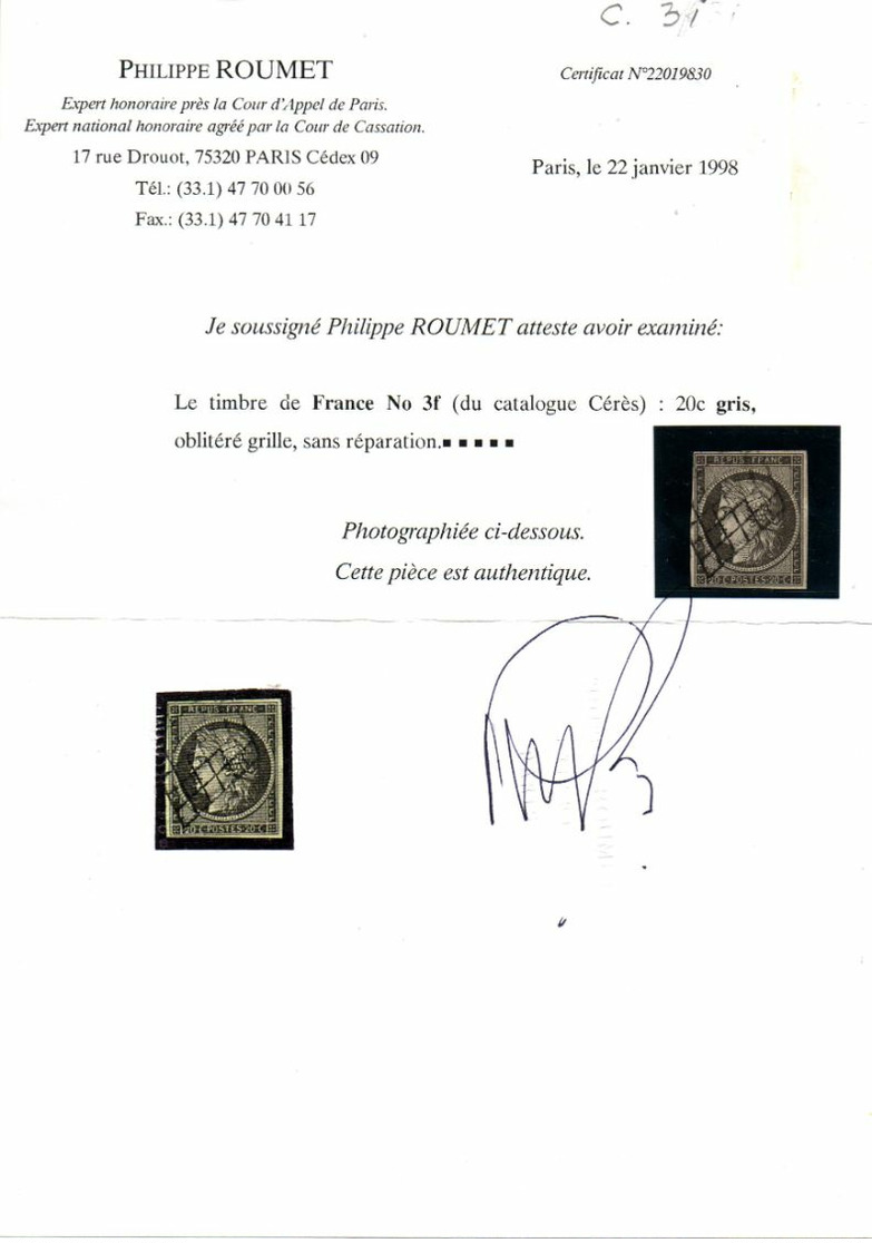 YT N° 3i Signé Brun Et Roumet Avec Certificat - Cote: 1500,00 € - Gris - 1849-1850 Ceres