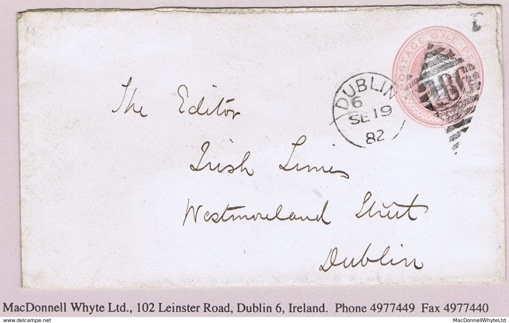 Ireland Dublin 1882 DUBLIN 186 Duplex And 1903 DUBLIN Code 32 Cds On QV 1d Pink Envelopes - Other & Unclassified