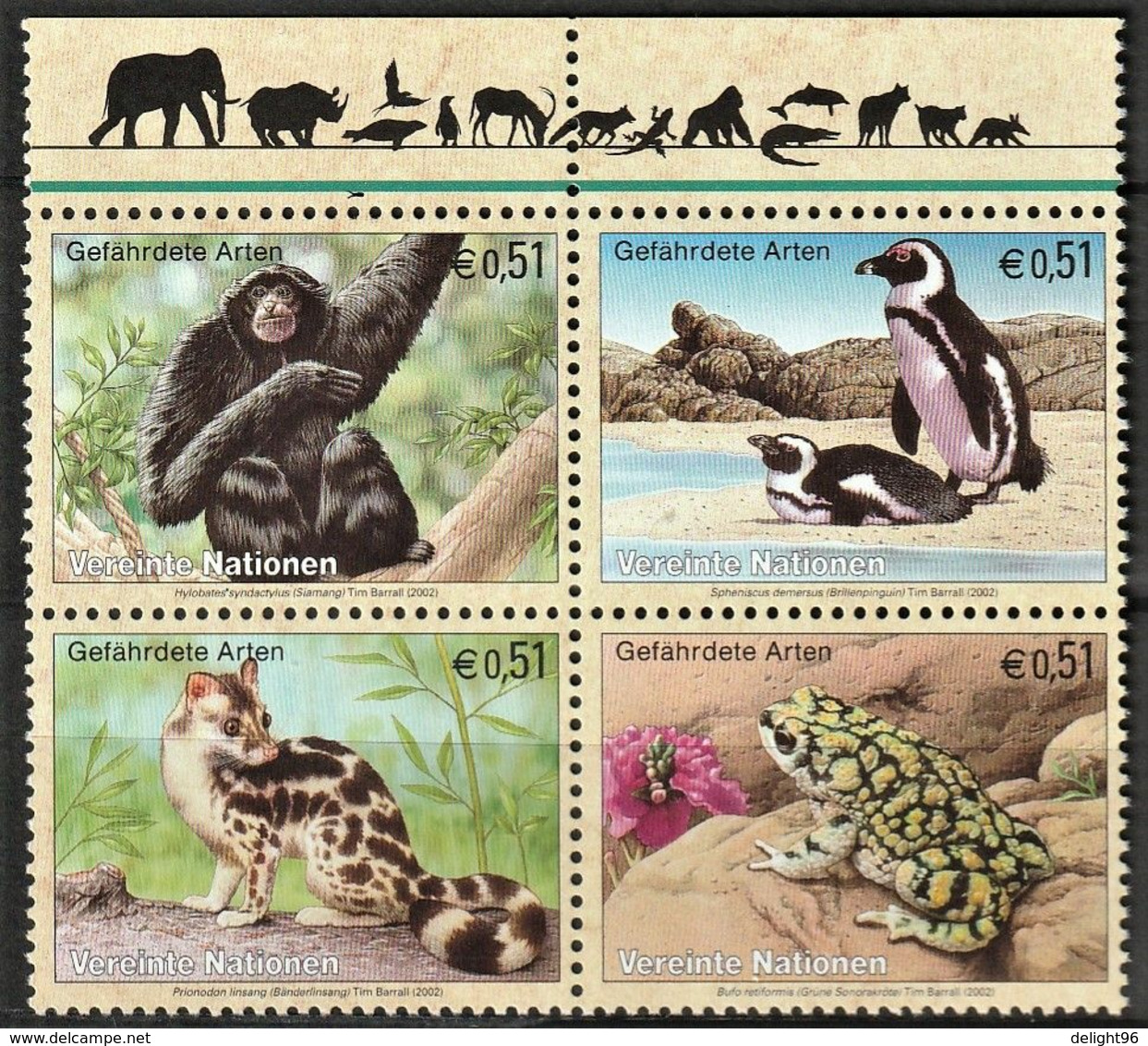 2002 UN Vienna Endangered Species: Siamang, African Penguin, Banded Linsang, Sonoran Green Toad Set (** / MNH / UMM) - Other & Unclassified