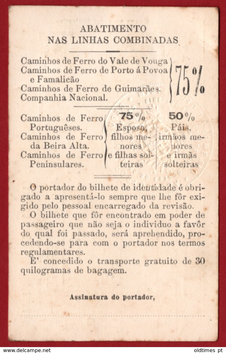 PORTUGAL - CAMINHOS DE FERRO DO ESTADO - BILHETE DE INDENTIDADE - ABATIMENTO NAS LINHAS COMBINADAS - 1916 - 1917 - 1918 - Autres & Non Classés