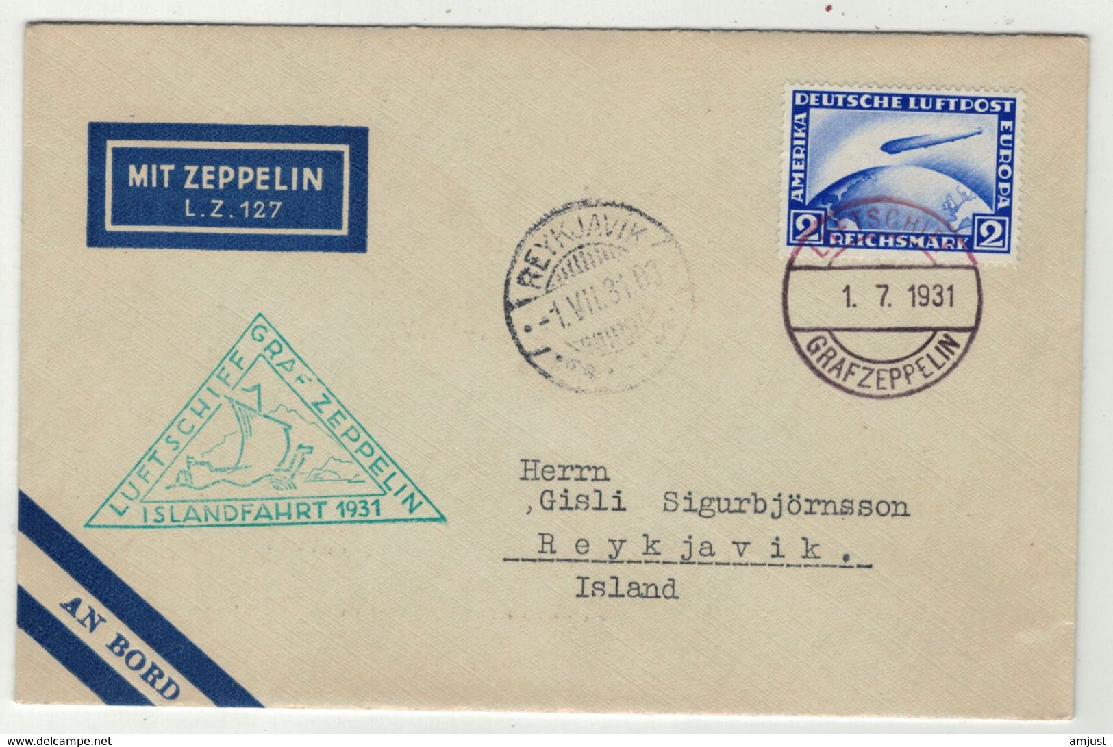 Allemagne // Deutschland // Poste Aérienne // Vol Zeppelin Pour Reykjavik  (Island) Le 1.7.1931 - Sonstige & Ohne Zuordnung