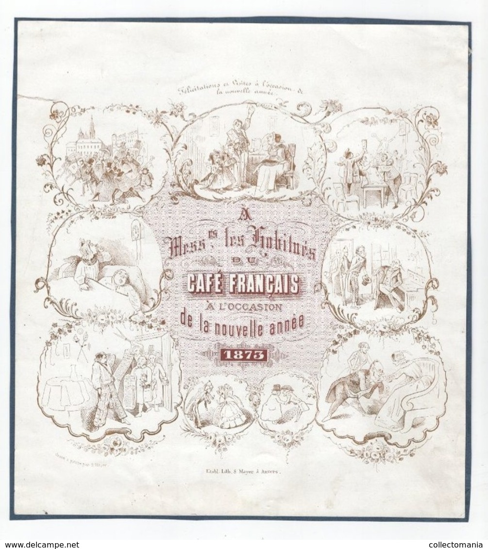 1 Carte Porcelaine  Café Français à L'Occasion De La Nouvelle Année  1873  Litho. S. Mayer  Anvers Cafee - Porzellan