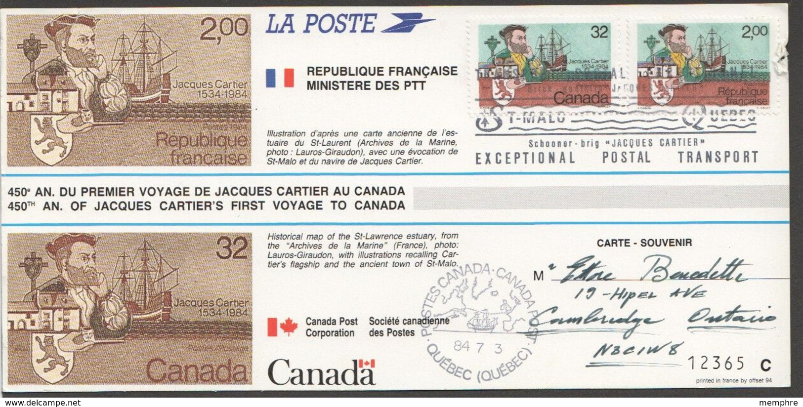 Carte Souvenir 450è Ann Voyage De Jacques Cartier Emission Commune Canada - France - Altri & Non Classificati