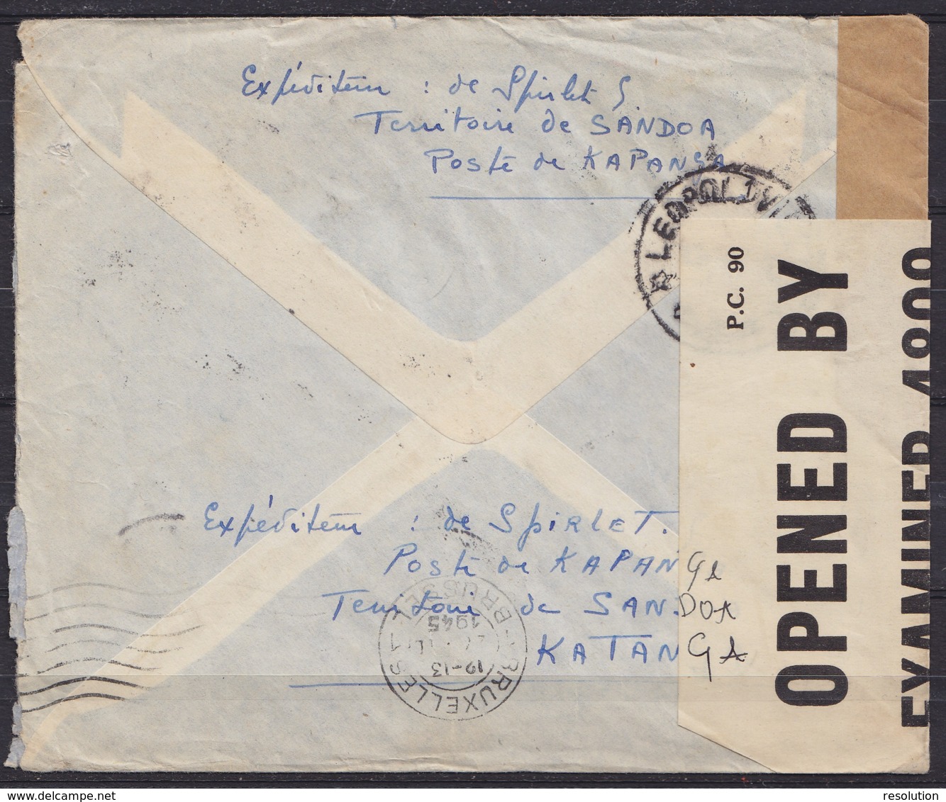 Congo Belge - L. Avion Affr. N°241x5 Càd LULUABOURG /13-9-1944 Pour LIEGE - Bande Censure Militaire UK (au Dos: Càd LEOP - Covers & Documents