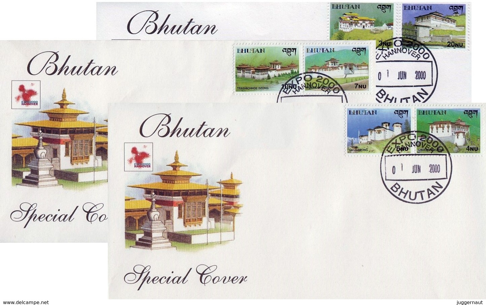 BHUTAN Dzong SERIES 6-Stamp/3-Set FDC 2000 Mint/MNH - Buddhismus