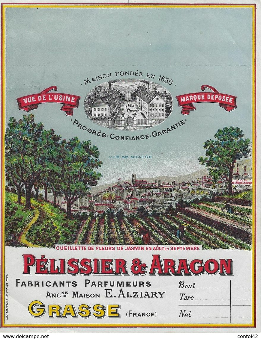 ETIQUETTE GRASSE PELISSIER ARAGON PARFUMEURS PARFUMS VUE DE L'USINE PUBLICITE GRAND FORMAT - Labels