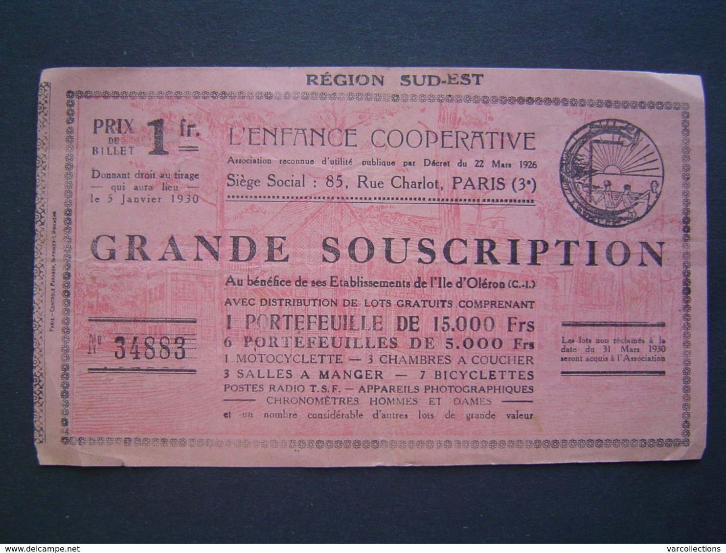 BILLET SOUSCRIPTION 1930 : ENFANCE COOPERATIVE / ETABLISSEMENT ILE D' OLERON - Unclassified