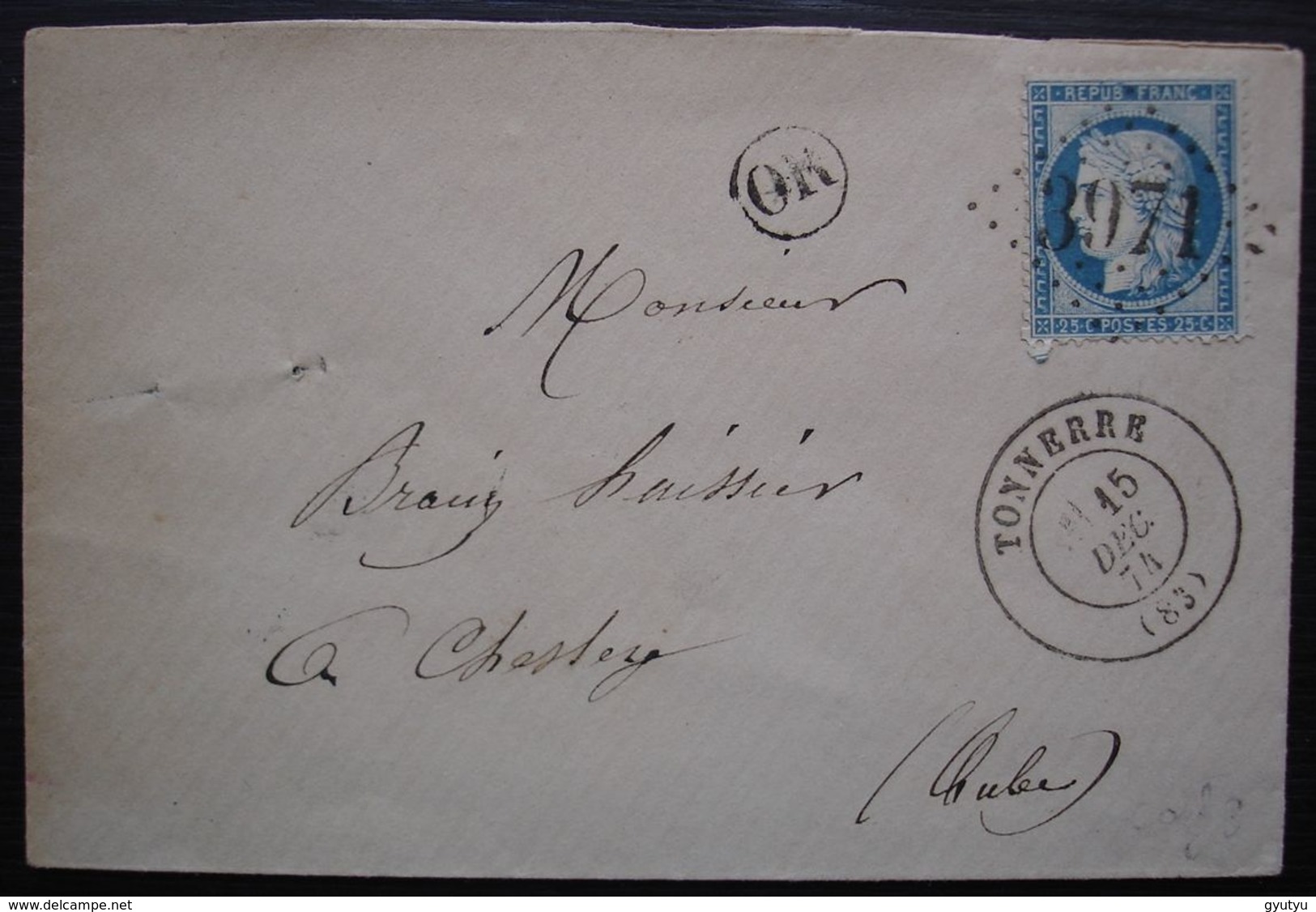 Tonnerre 1874 Gc 3971 (Yonne) Lettre Avec OR Pour Chesley (Aube) - 1849-1876: Classic Period