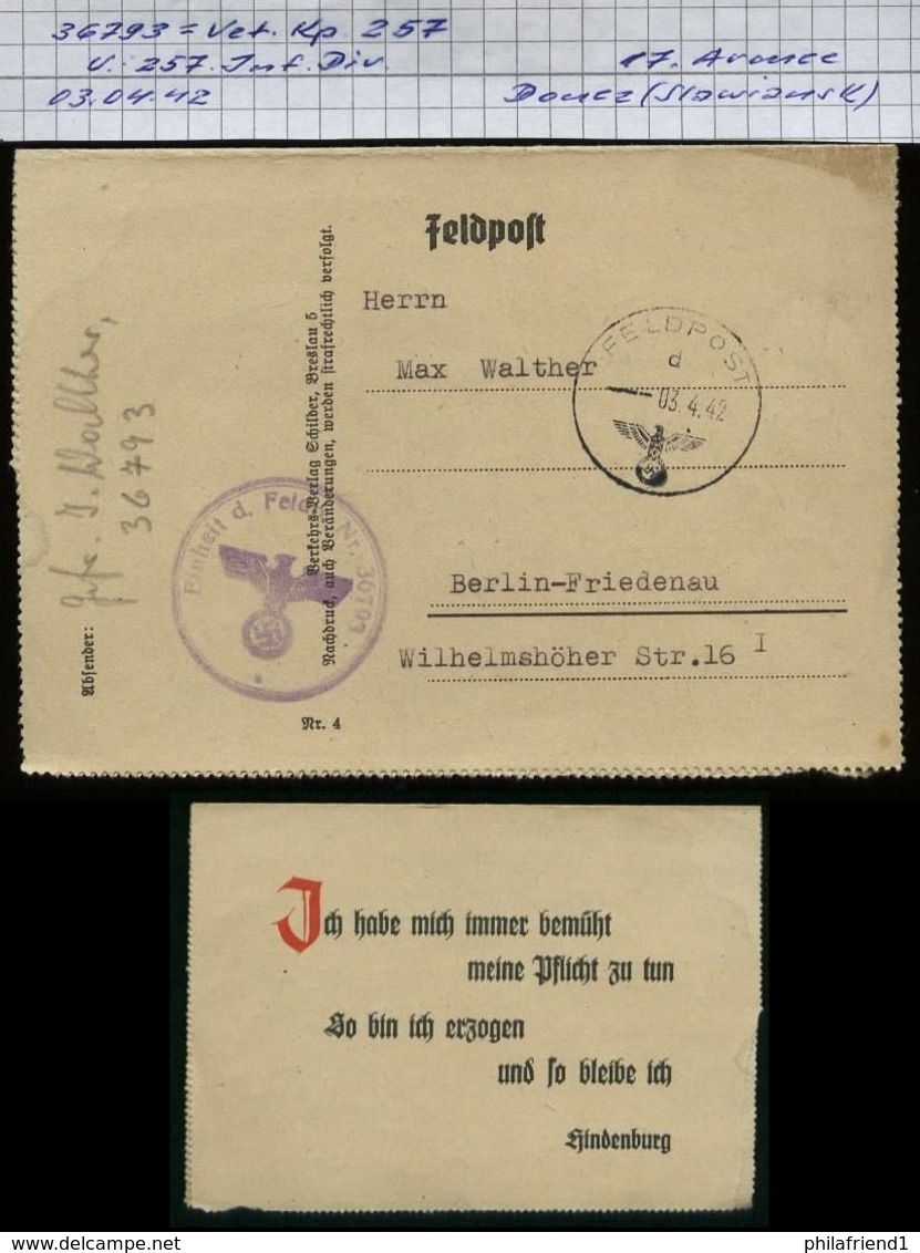 WW II DR Feldpostbrief Mit Hindenburg Spruch:gebraucht 36793 17. Armee Ukraine Donez- Berlin 1942, Bedarfserhaltung Mi - Lettres & Documents