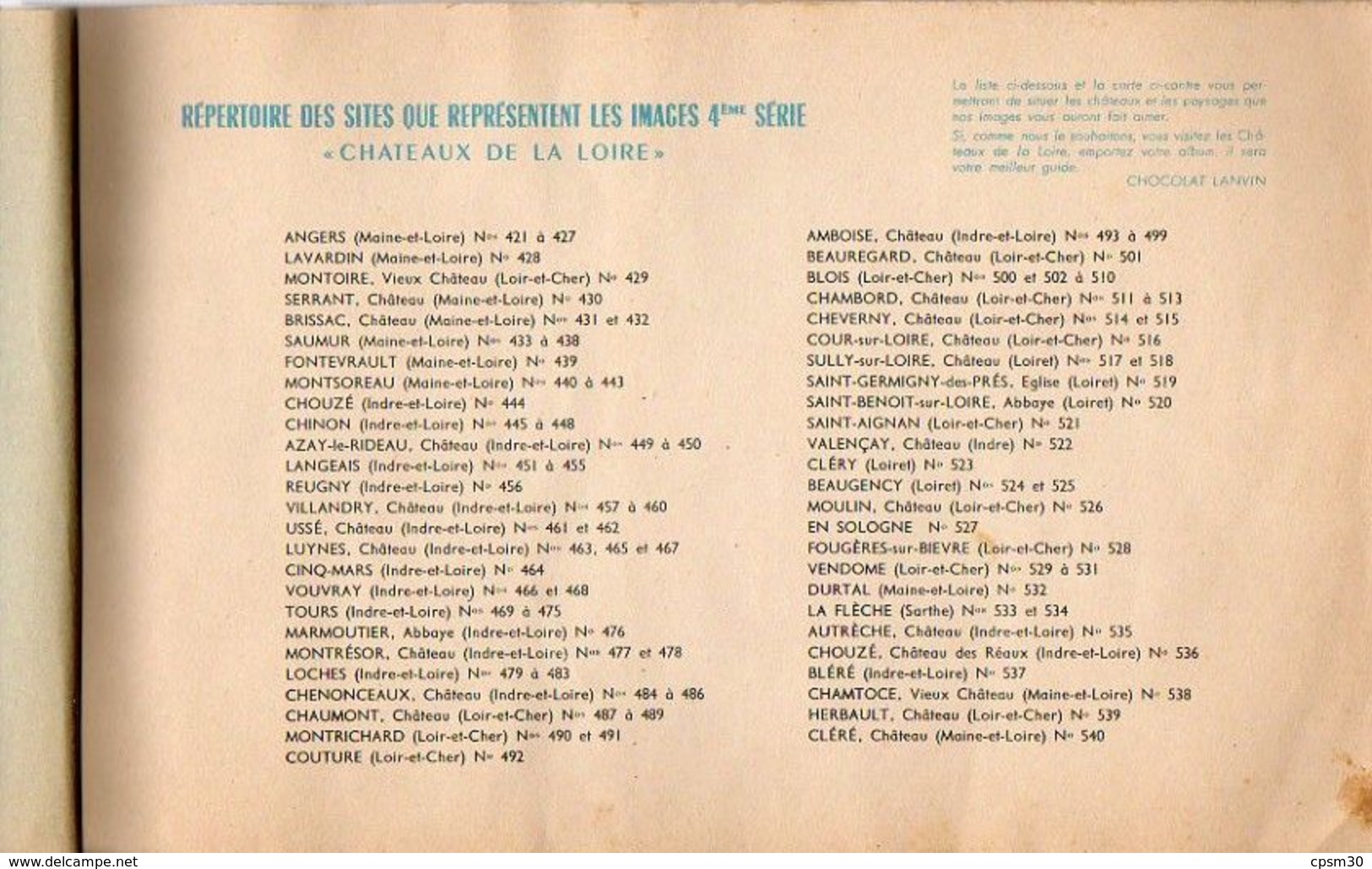 Album Chromo - 097D - Châteaux De La Loire - édité Par Chocolat Lanvin Serie N° 4 - 1957 - Incomplet - Other & Unclassified