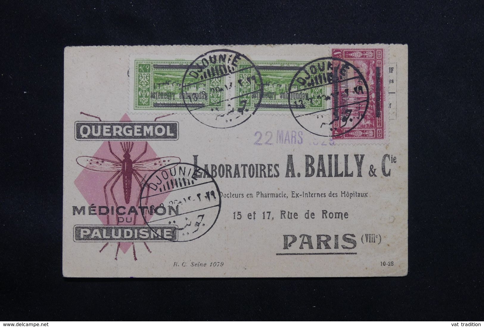 LIBAN - Carte Commerciale Médicale ( Paludisme ) De Djounieh Pour Paris En 1929, Affranchissement Surchargés   - L 65965 - Storia Postale