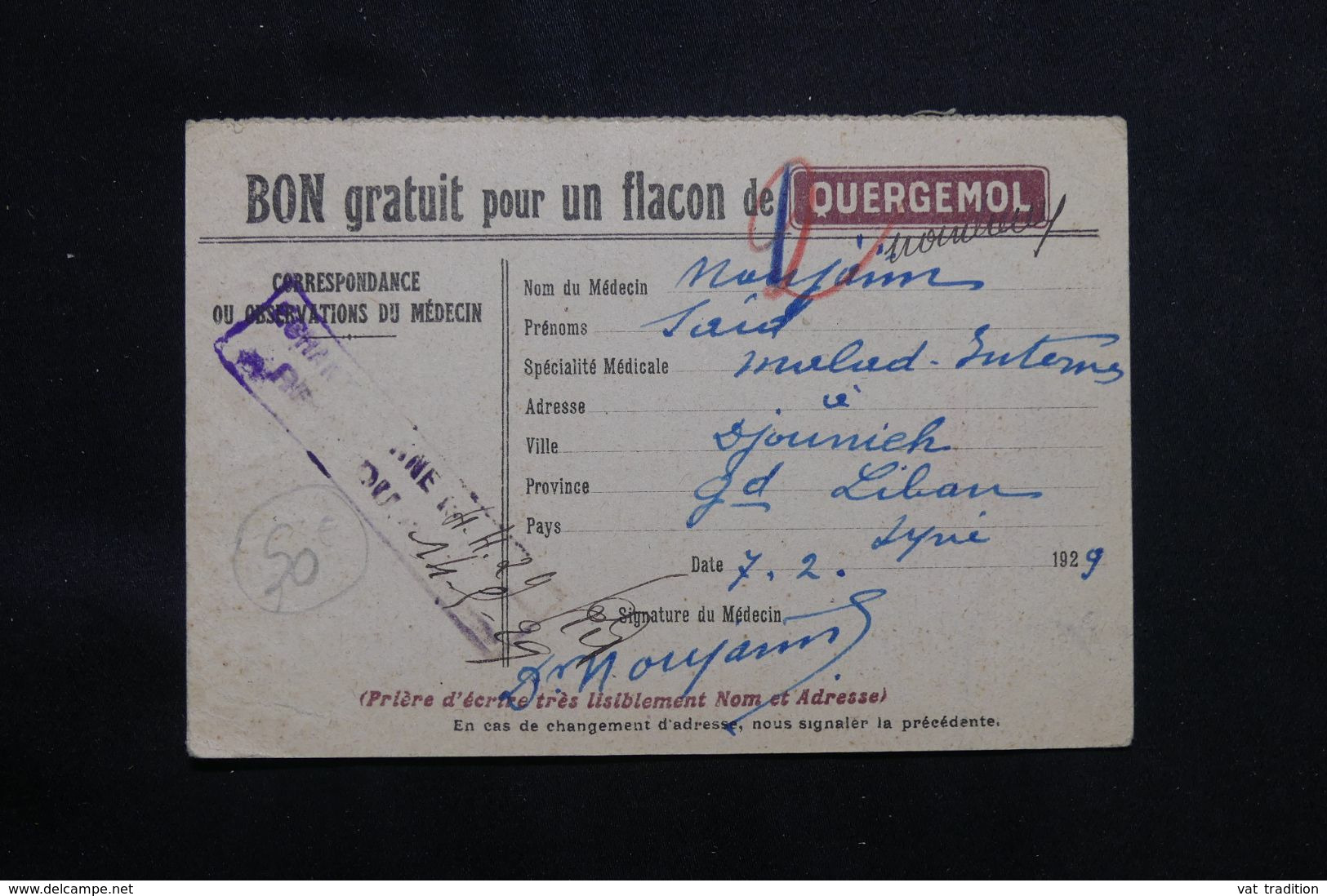 LIBAN - Carte Commerciale Médicale ( Paludisme ) De Djounieh Pour Paris En 1929, Affranchissement Surchargés   - L 65965 - Storia Postale