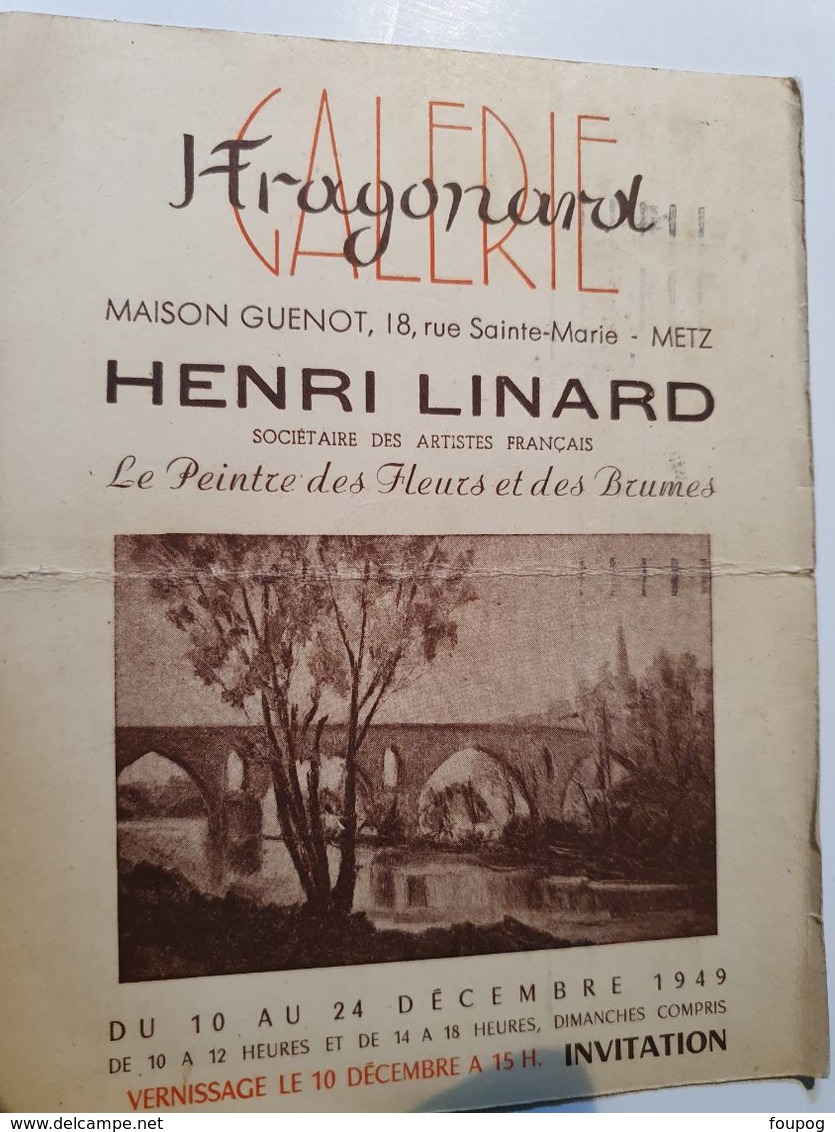 CPA 57 METZ INVITATION VERNISSAGE HENRI LINARD GALERIE FRAGONARD MAISON GUENOT RUE STE MARIE DECEMBRE 1949 - Inwijdingen