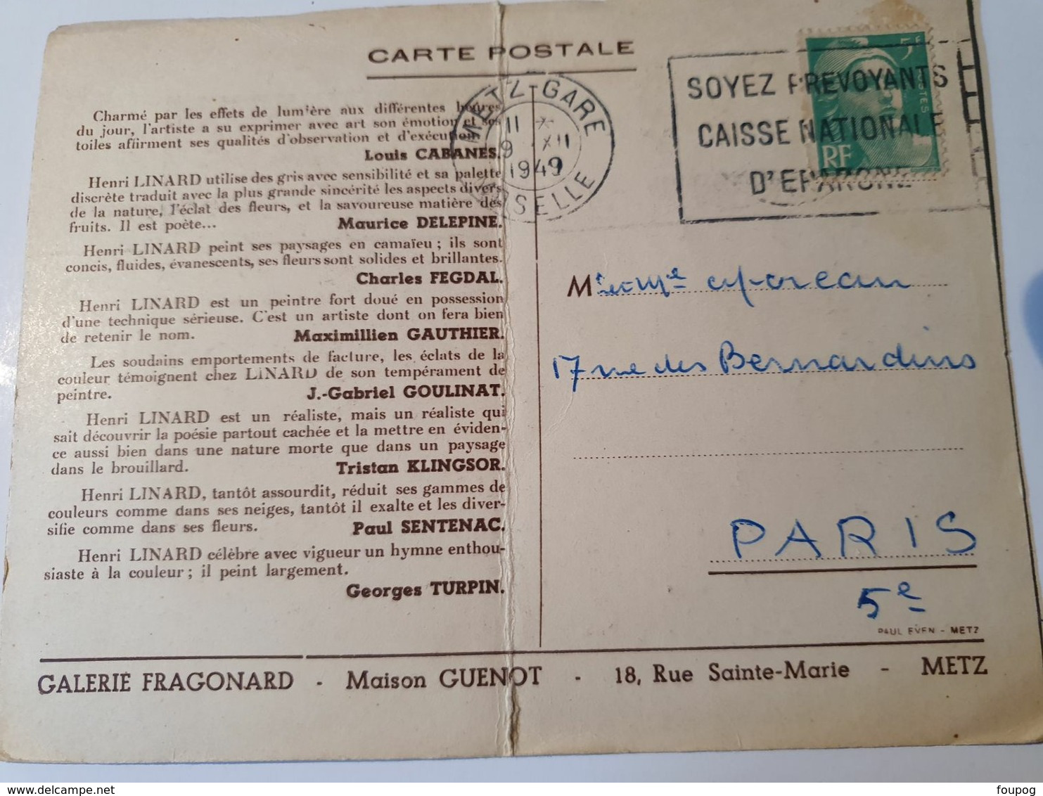 CPA 57 METZ INVITATION VERNISSAGE HENRI LINARD GALERIE FRAGONARD MAISON GUENOT RUE STE MARIE DECEMBRE 1949 - Inaugurazioni