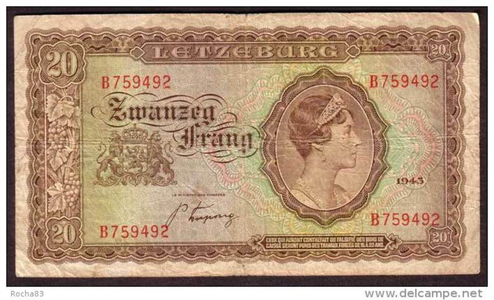 LUXEMBOURG - 20 Francs De 1943 - Pick 42 - Luxembourg