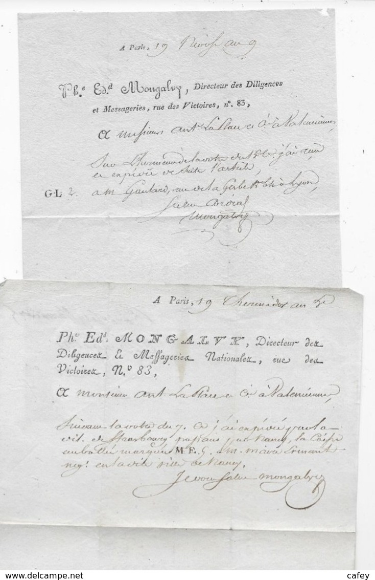 2 Lettres De PARIS Documents MONGALVY Directeur Des Diligences Messageries P/ Valencienne AN 5 Et AN 9 - 1701-1800: Precursori XVIII