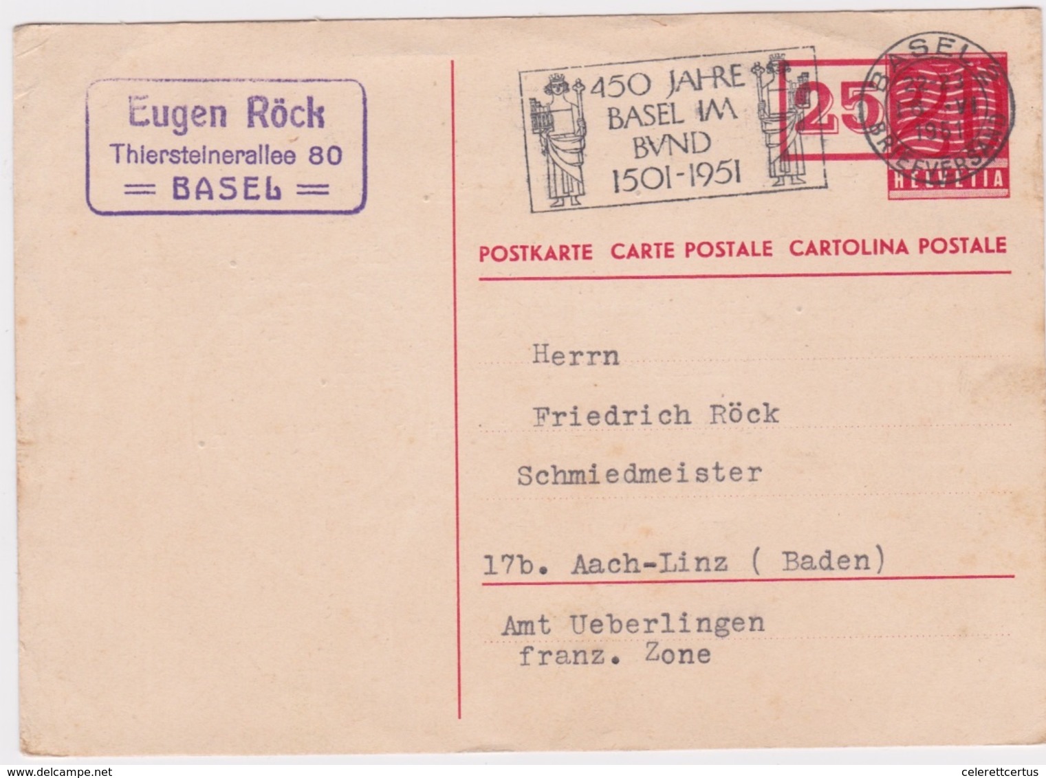 Switzerland-1951 Revalued 25 C On 20 C Red PS Postcard Cover Cancelled 450 Year Of The City Of Basel Slogan Postmark - Interi Postali