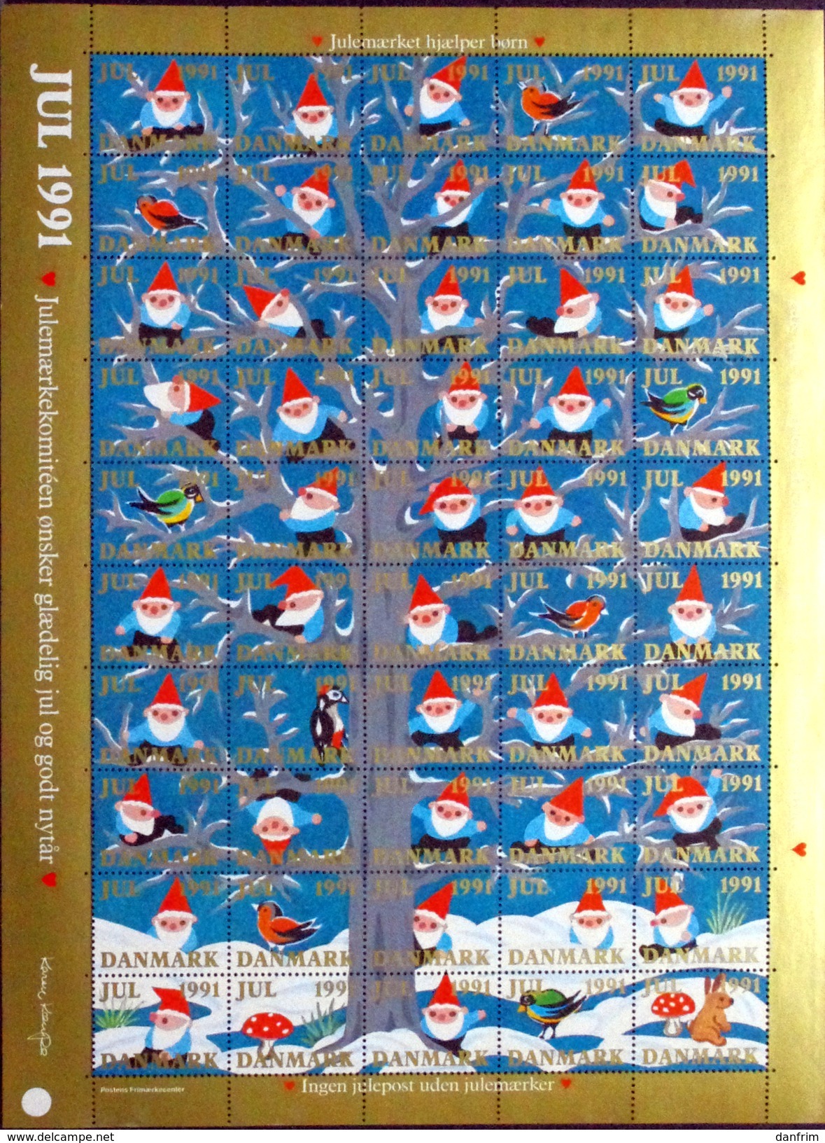 Denmark Christmas Seal 1991 MNH ( **)  Full Sheet  Unfolded Christmas Elves In Wood - Full Sheets & Multiples