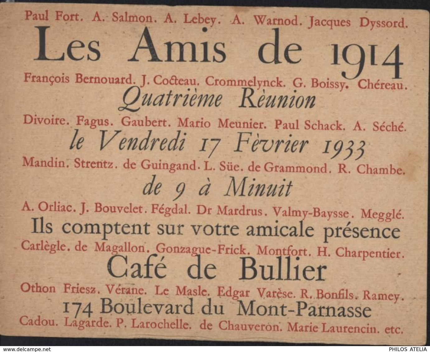 Carte Invitation Des Amis De 1914 Le 17 2 1933 Café Du Bullier Paris Paul Fort Jean Cocteau A Salmon Hommes De Qualité - Other & Unclassified