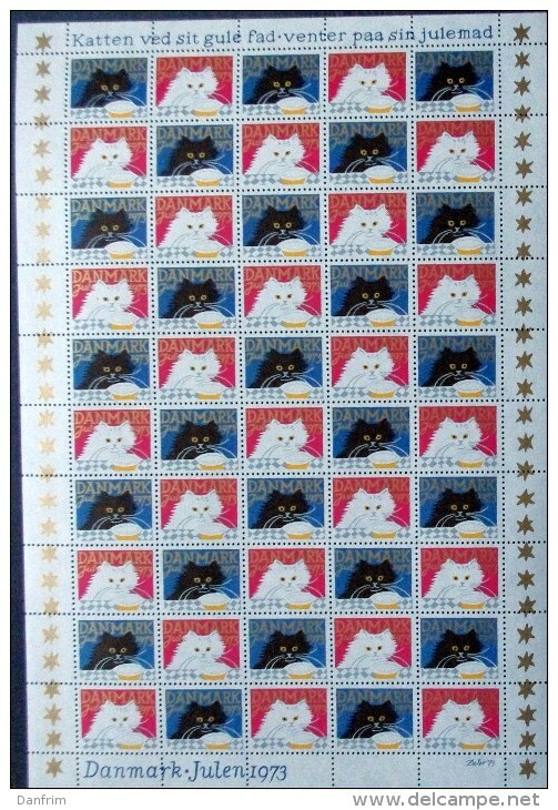 Denmark Christmas Seal 1973 MNH ( **)  Full Sheet Unfolded Christmas Cats - Fogli Completi