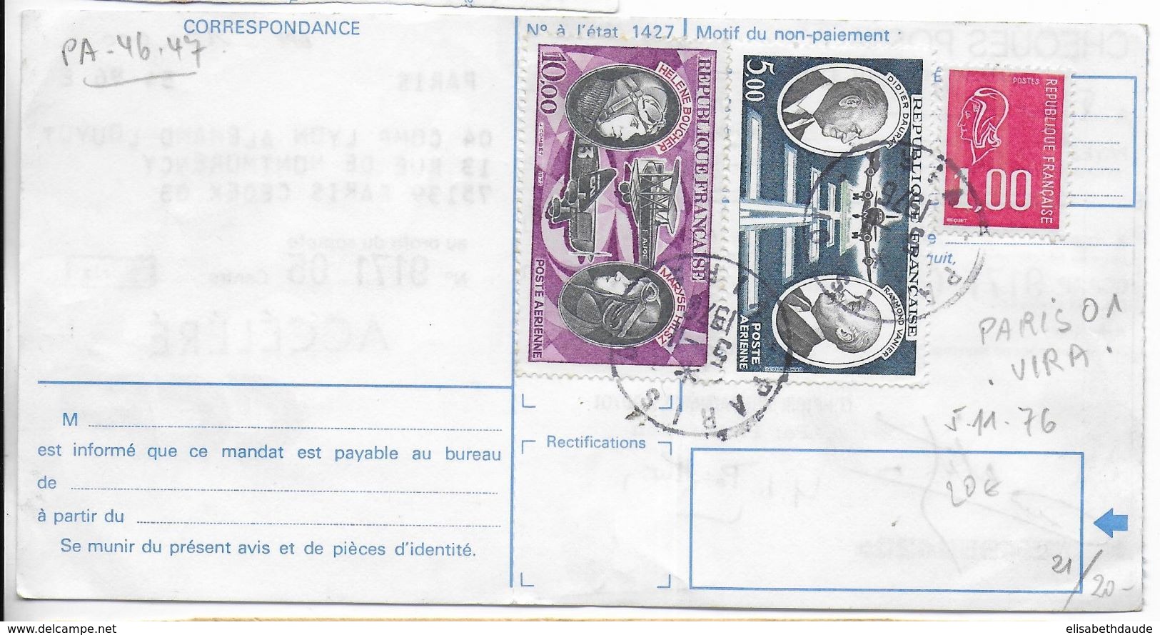 1976 - POSTE AERIENNE + BEQUET Sur MANDAT CHEQUE POSTAL ACCELERE ! - Covers & Documents