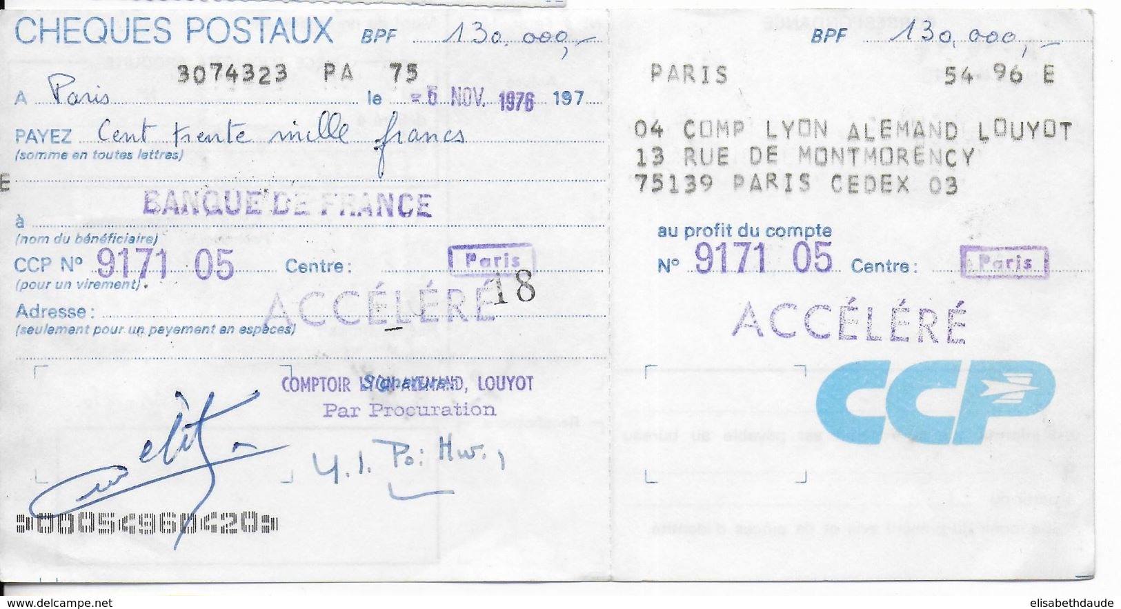 1976 - POSTE AERIENNE + BEQUET Sur MANDAT CHEQUE POSTAL ACCELERE ! - Lettres & Documents