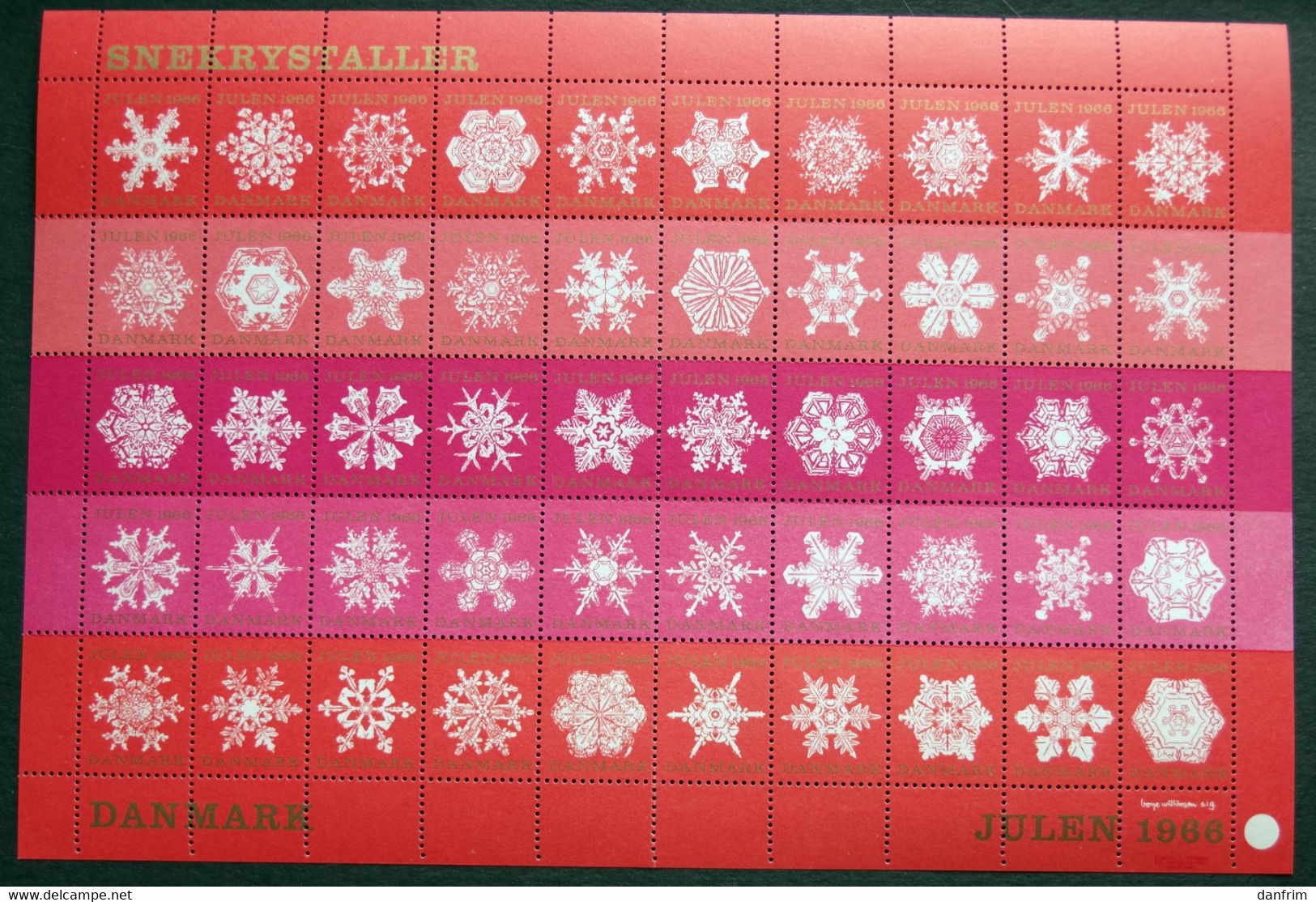 Denmark 1966 Christmas Seal MNH ( **)  Full Sheet Folded Snowflakes / Flocons De Neige - Feuilles Complètes Et Multiples