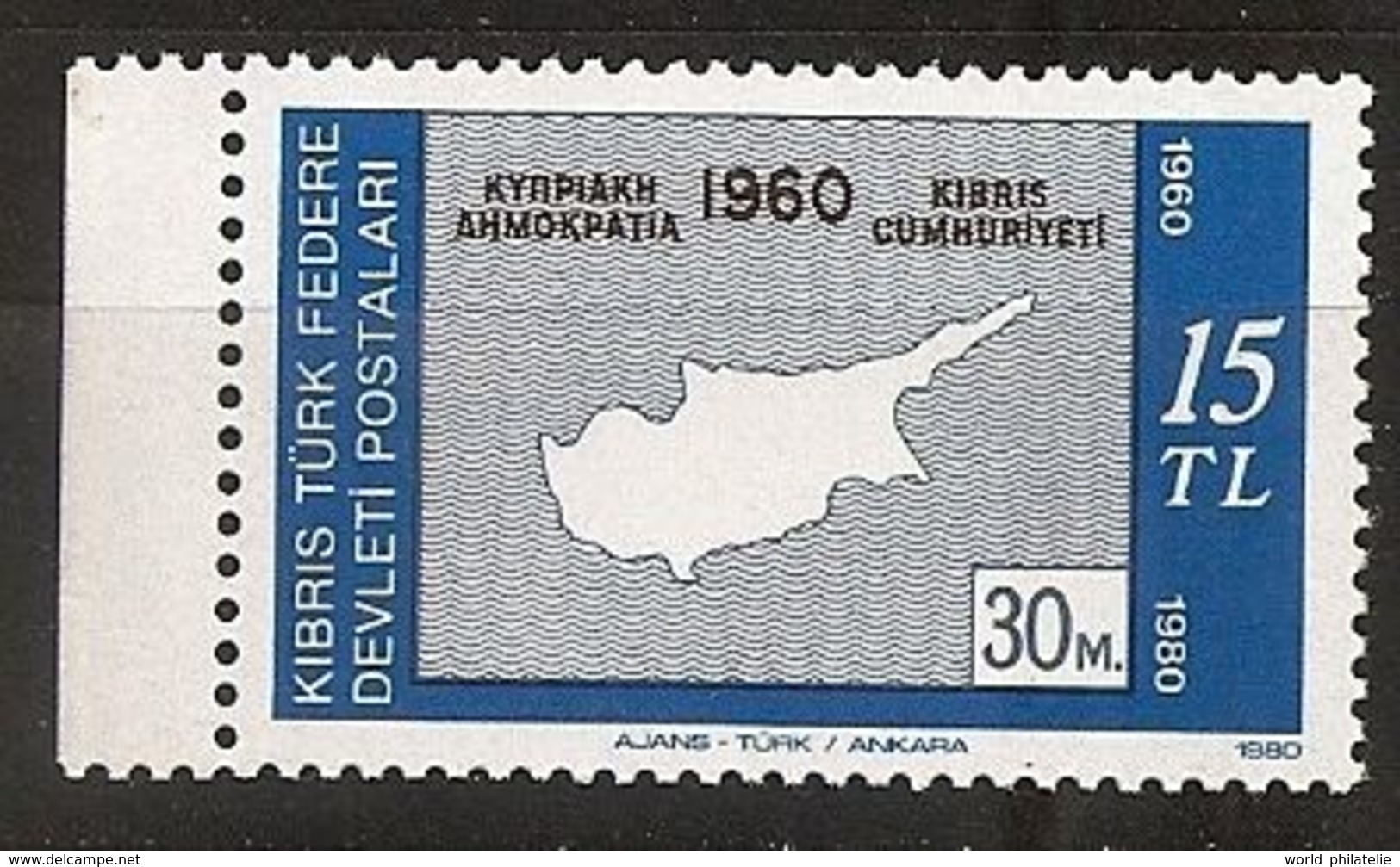 Turquie Chypre Turc RTCN 1980 N° 81 Iso ** Timbre Chypriote, Timbre Sur Timbre, Ile, Carte, Mer - Autres & Non Classés