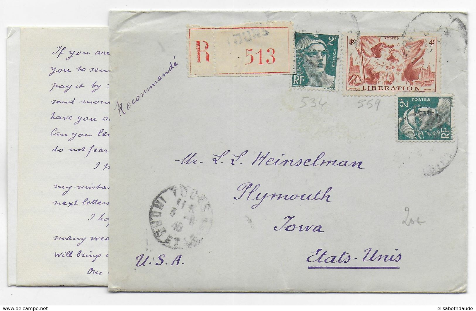 1945 - ENVELOPPE RECOMMANDEE De TOURS (INDRE ET LOIRE) => PLYMOUTH (IOWA - USA) - 1921-1960: Modern Tijdperk