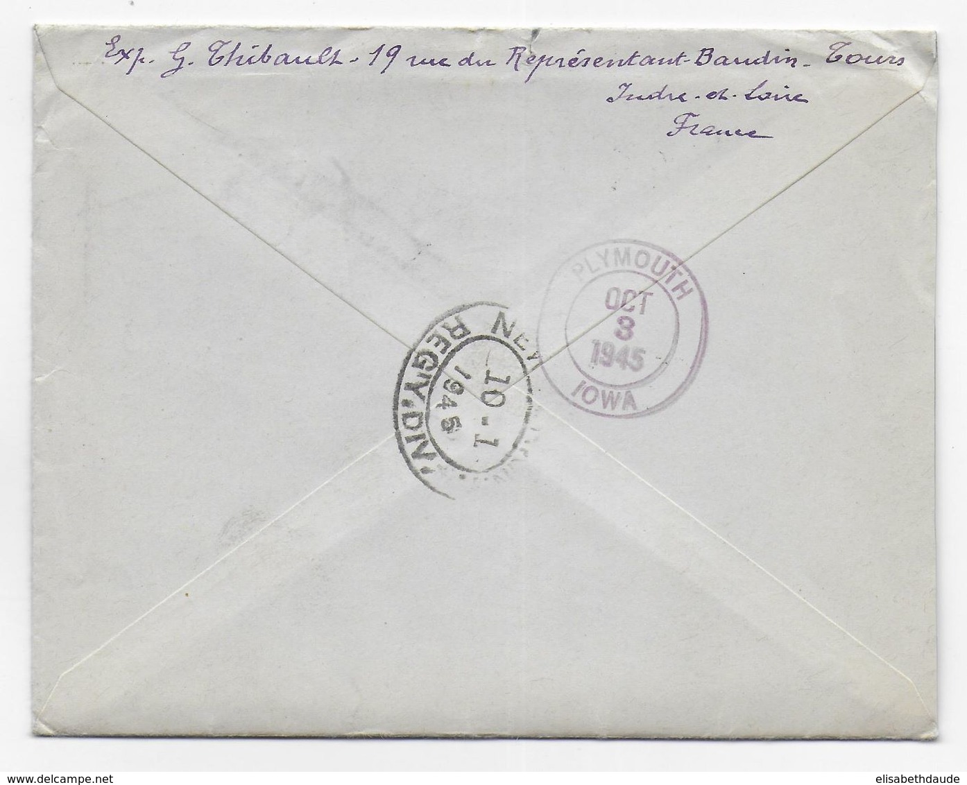 1945 - ENVELOPPE RECOMMANDEE De TOURS (INDRE ET LOIRE) => PLYMOUTH (IOWA - USA) - 1921-1960: Modern Tijdperk